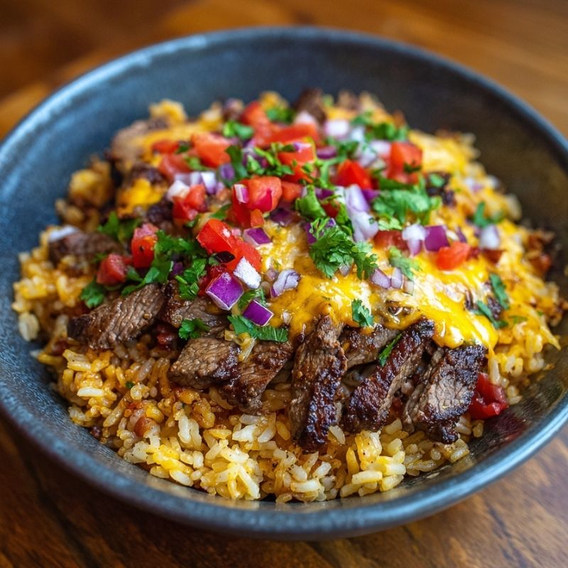 Hearty Steak Queso Rice