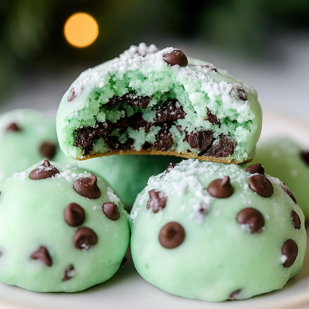 Frosted Mint Chocolate Chip Snowball Cookies