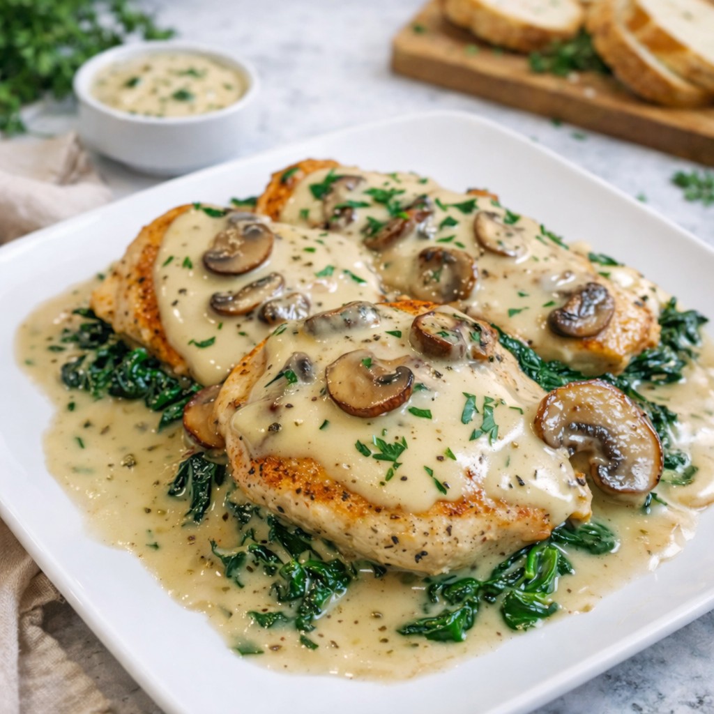 Creamy Chicken With Spinach, Bacon And Mushrooms